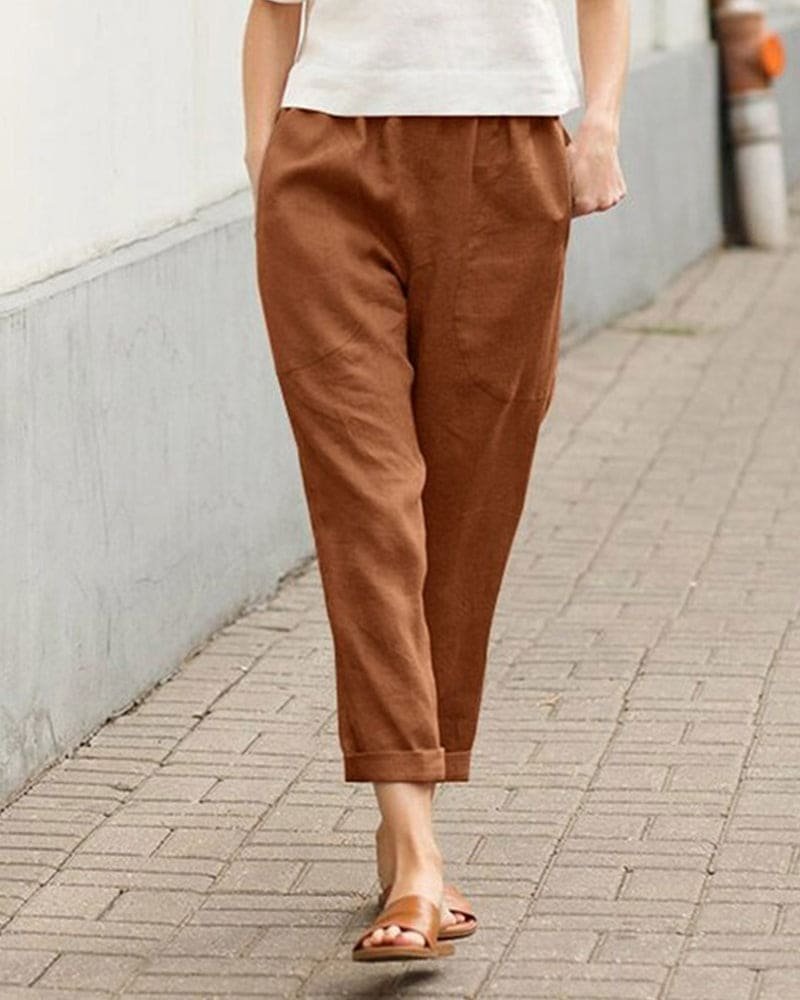 Damen Leinen-Baumwoll Harem-Hose mit Elastikbund - Brown