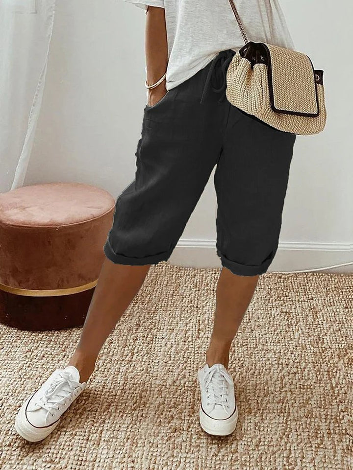 Damen Leinen Bermuda Shorts mit Kordelzug gekürzt - Black