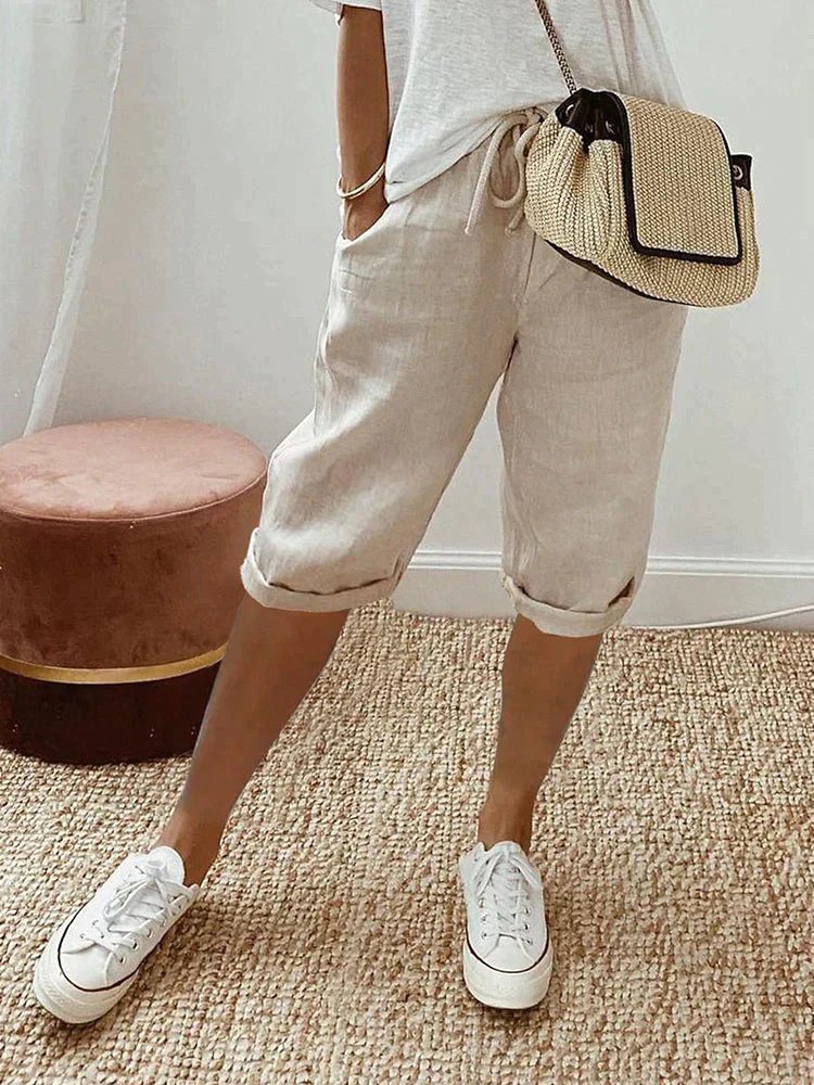 Damen Leinen Bermuda Shorts mit Kordelzug gekürzt - Beige