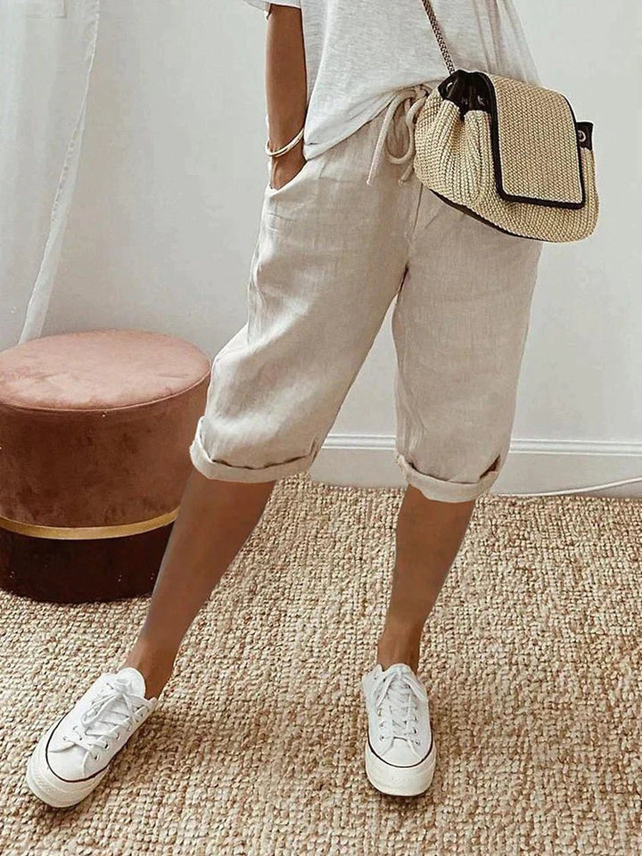 Damen Leinen Bermuda Shorts mit Kordelzug gekürzt - Beige