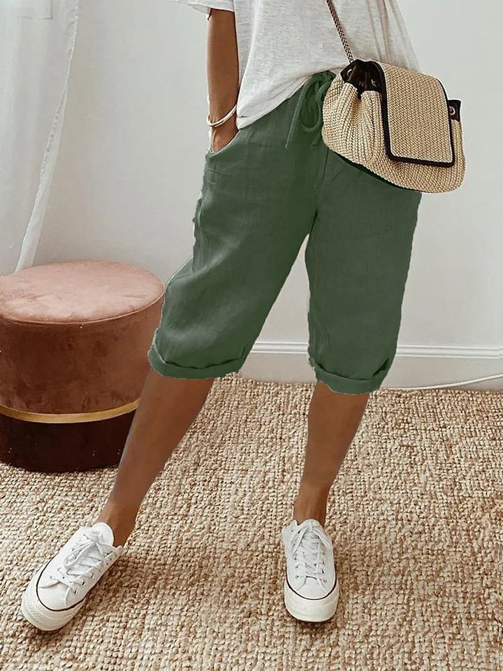 Damen Leinen Bermuda Shorts mit Kordelzug gekürzt - Army Green