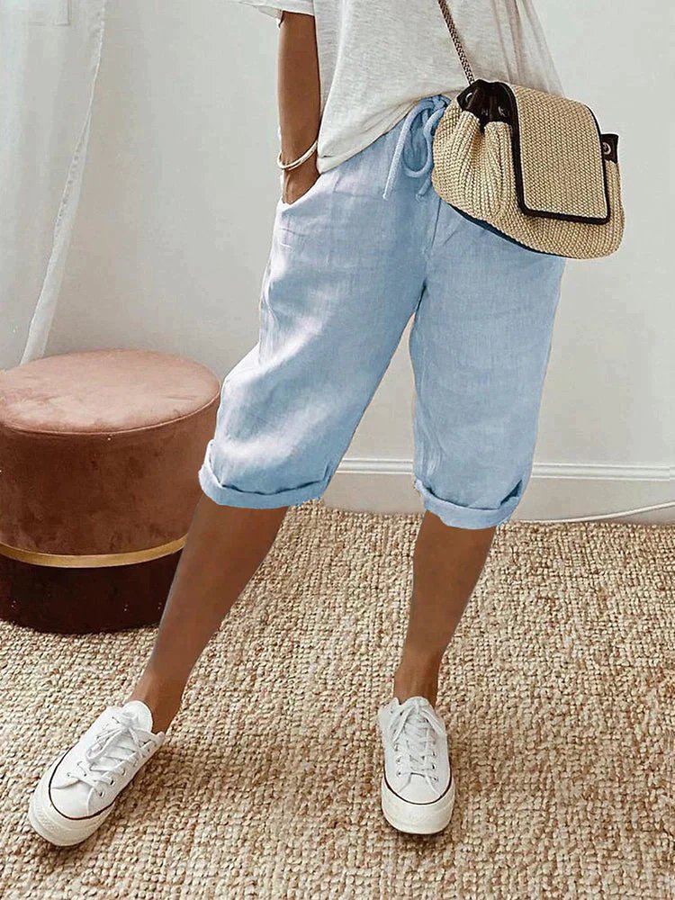 Damen Leinen Bermuda Shorts mit Kordelzug gekürzt - Light Blue