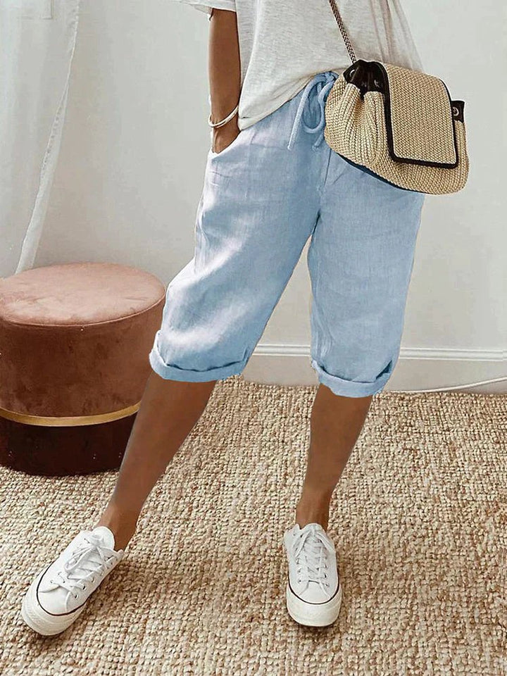 Damen Leinen Bermuda Shorts mit Kordelzug gekürzt - Light Blue
