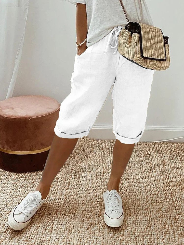Damen Leinen Bermuda Shorts mit Kordelzug gekürzt - White