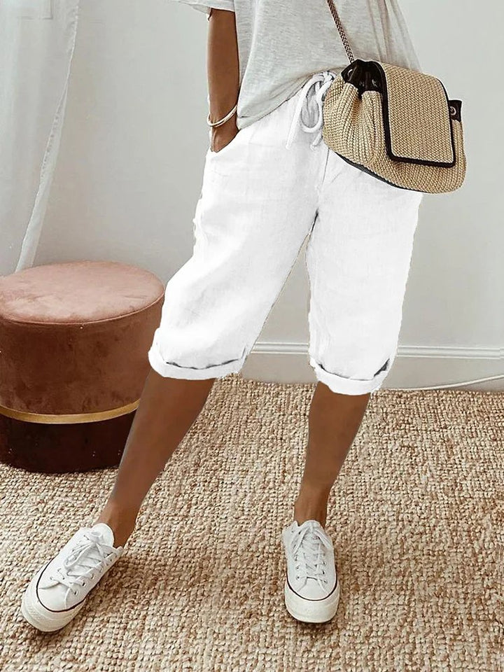 Damen Leinen Bermuda Shorts mit Kordelzug gekürzt - White
