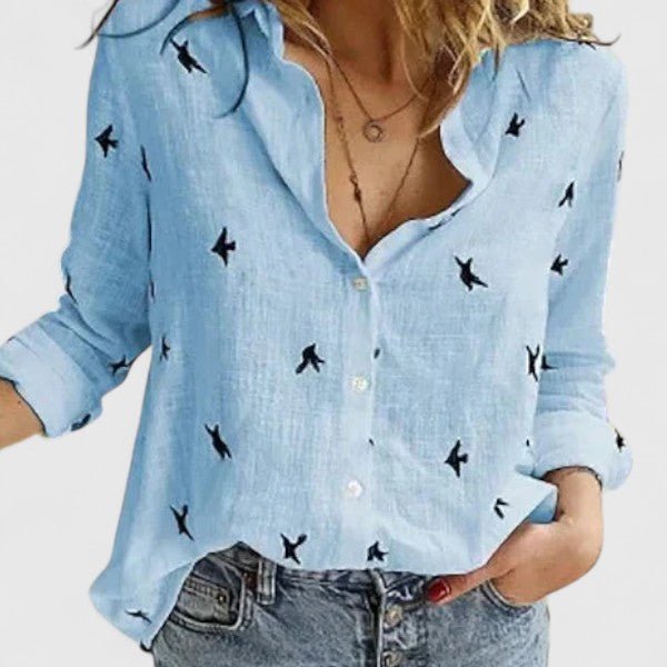 Damen Leinen Bluse Knopfleiste Lapel Kragen Entspannt - Blue 2