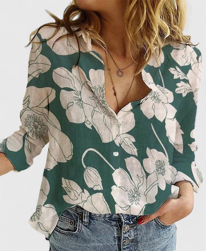 Damen Leinen Bluse Knopfleiste Lapel Kragen Entspannt - Green 2