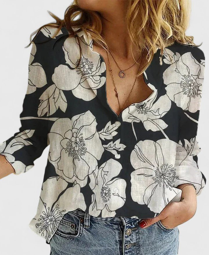 Damen Leinen Bluse Knopfleiste Lapel Kragen Entspannt - Black 2