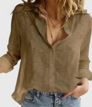 Damen Leinen Bluse Knopfleiste Lapel Kragen Entspannt - Brown