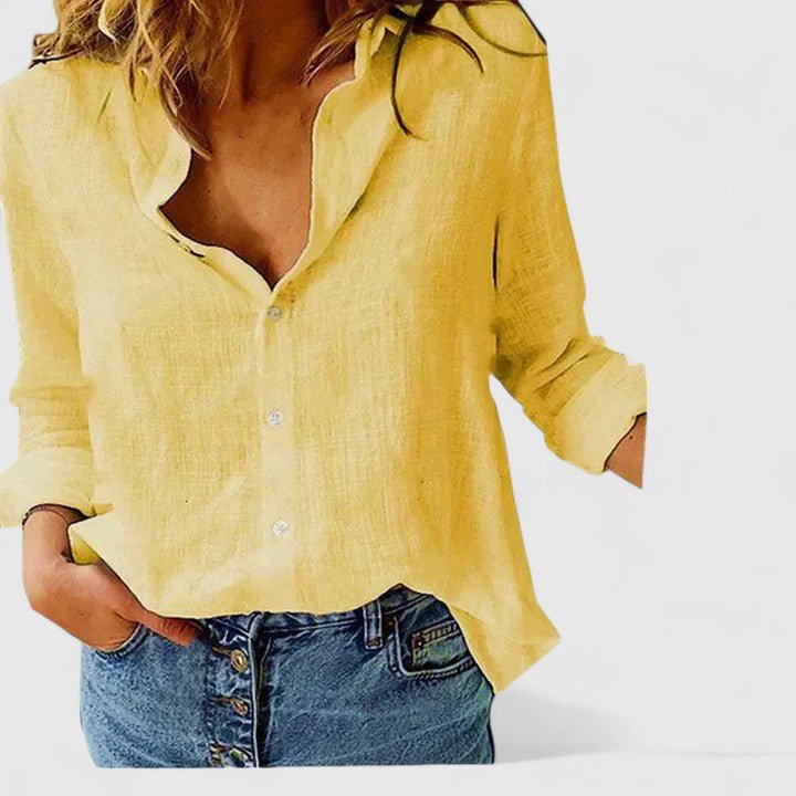 Damen Leinen Bluse Knopfleiste Lapel Kragen Entspannt - Yellow
