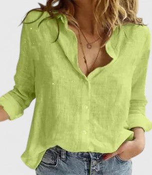 Damen Leinen Bluse Knopfleiste Lapel Kragen Entspannt - Green
