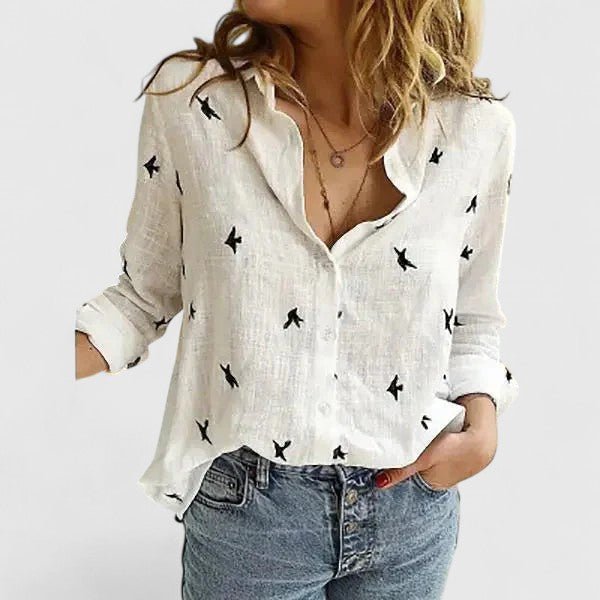 Damen Leinen Bluse Knopfleiste Lapel Kragen Entspannt - White 2