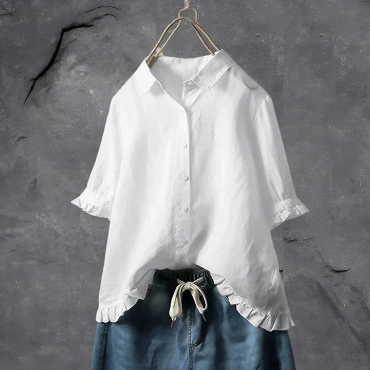 Damen Leinen Bluse Rüschen Ärmel Button-Down Locker - White