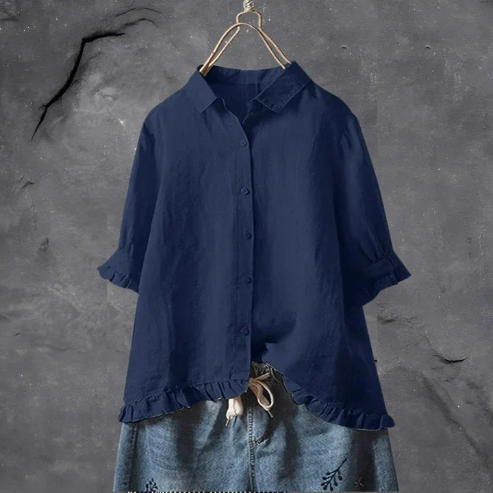 Damen Leinen Bluse Rüschen Ärmel Button-Down Locker - Navy