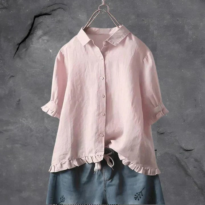 Damen Leinen Bluse Rüschen Ärmel Button-Down Locker - Light Pink