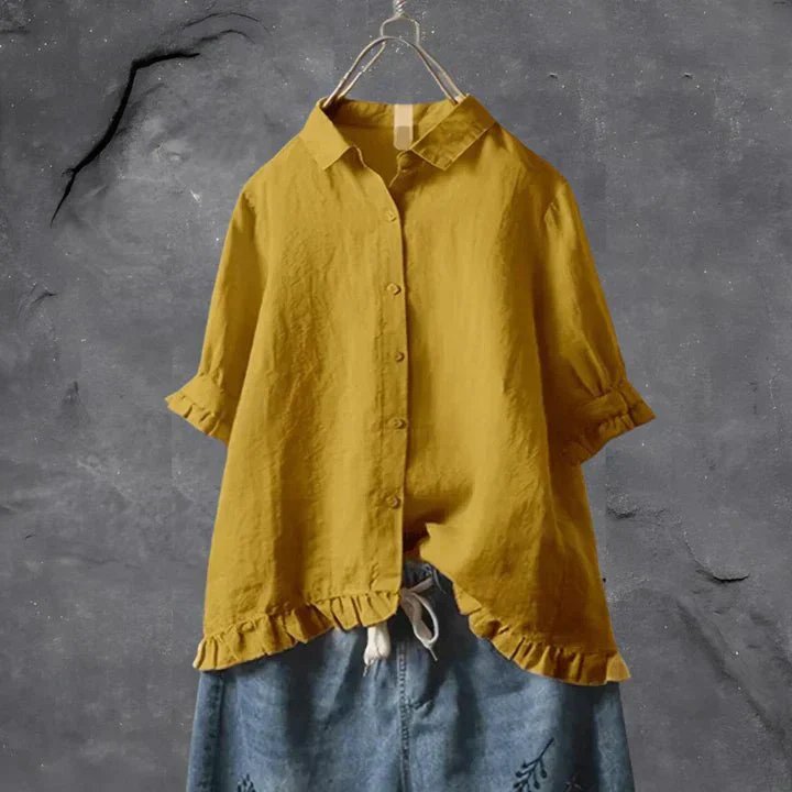 Damen Leinen Bluse Rüschen Ärmel Button-Down Locker - Yellow