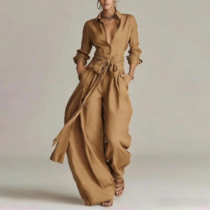 Damen Leinen Co-Ord Set Weite Hosen Hemdbluse - Khaki