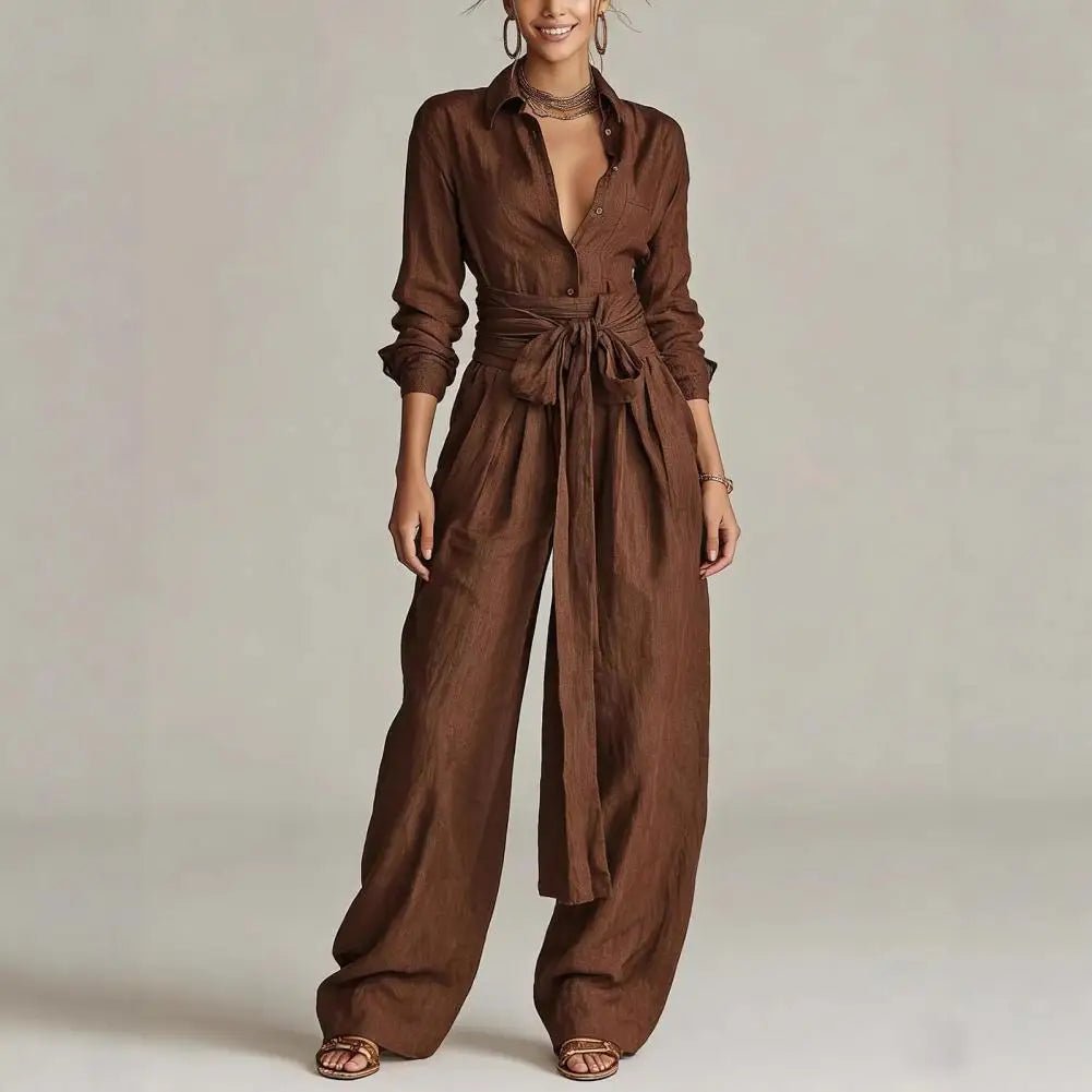 Damen Leinen Co-Ord Set Weite Hosen Hemdbluse - Coffee