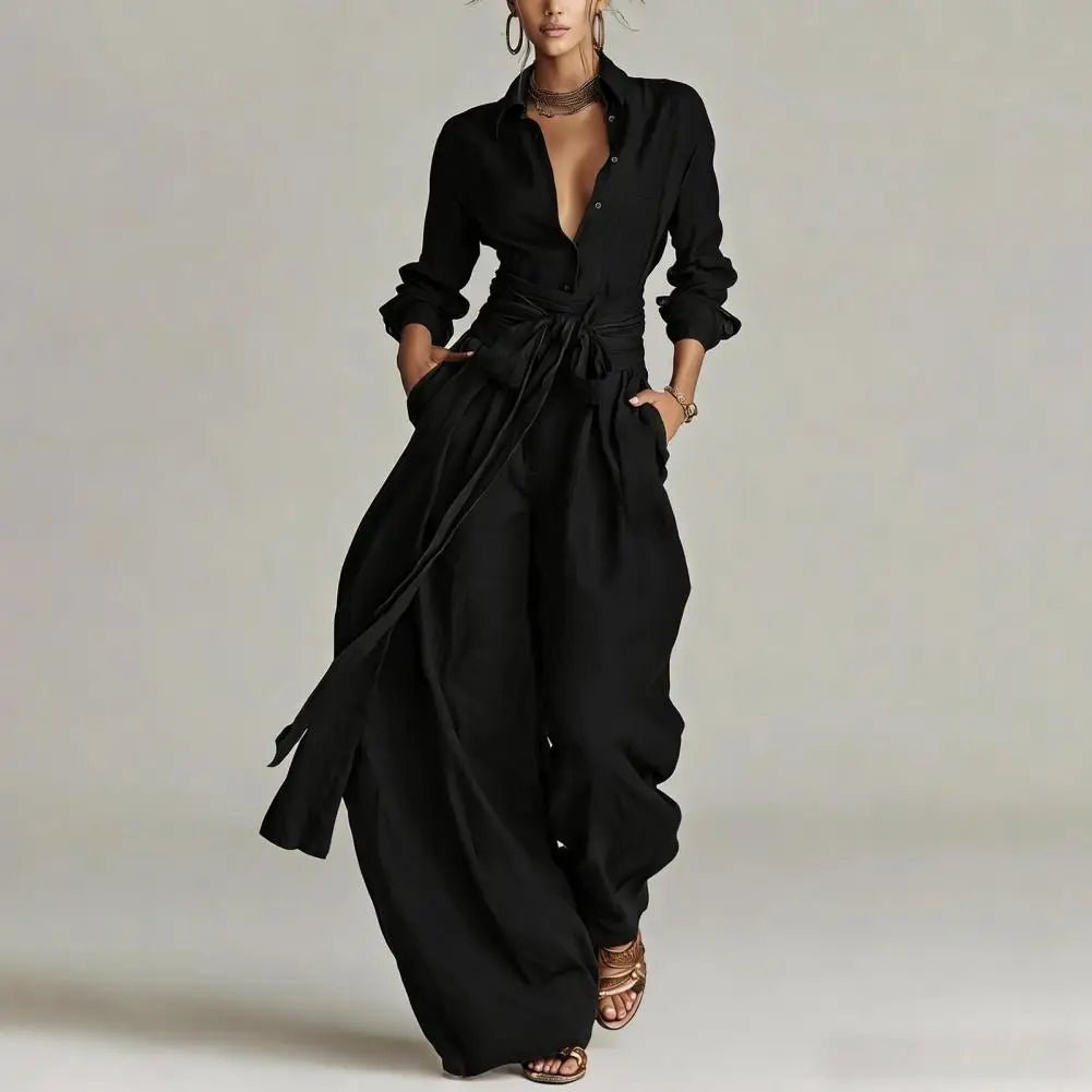 Damen Leinen Co-Ord Set Weite Hosen Hemdbluse - Black
