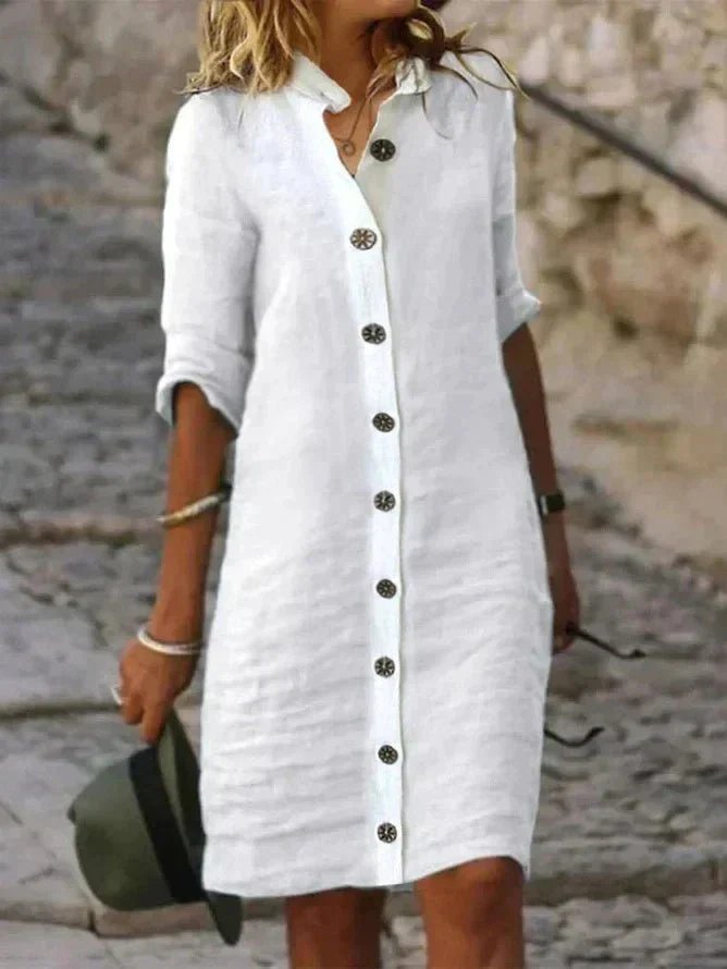 Damen Leinen Hemdkleid Knopfleiste Kragen Freizeitkleid - White