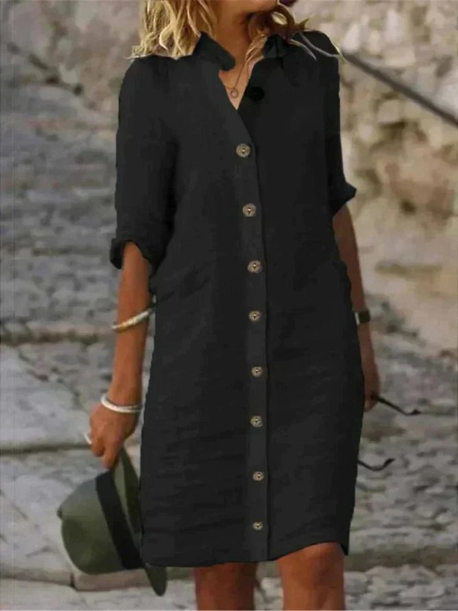 Damen Leinen Hemdkleid Knopfleiste Kragen Freizeitkleid - Black
