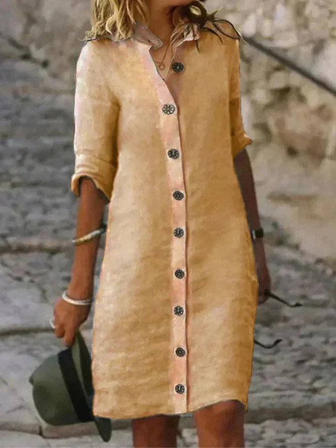 Damen Leinen Hemdkleid Knopfleiste Kragen Freizeitkleid - Khaki