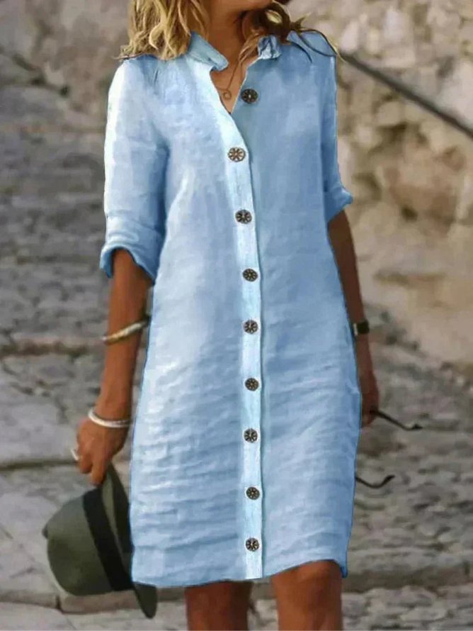 Damen Leinen Hemdkleid Knopfleiste Kragen Freizeitkleid - Light Blue