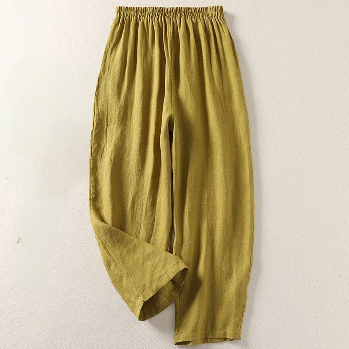 Damen Leinen Hose Weiter Schnitt Elastischer Bund - Olive