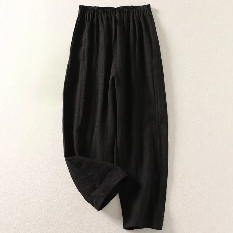 Damen Leinen Hose Weiter Schnitt Elastischer Bund - Black