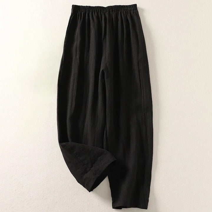 Damen Leinen Hose Weiter Schnitt Elastischer Bund - Black