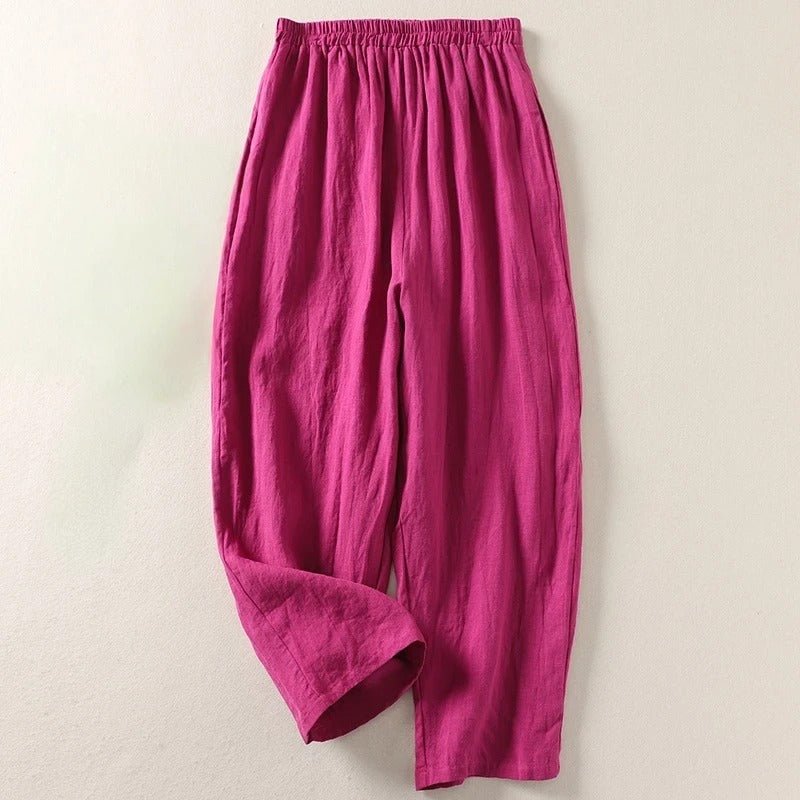 Damen Leinen Hose Weiter Schnitt Elastischer Bund - Pink