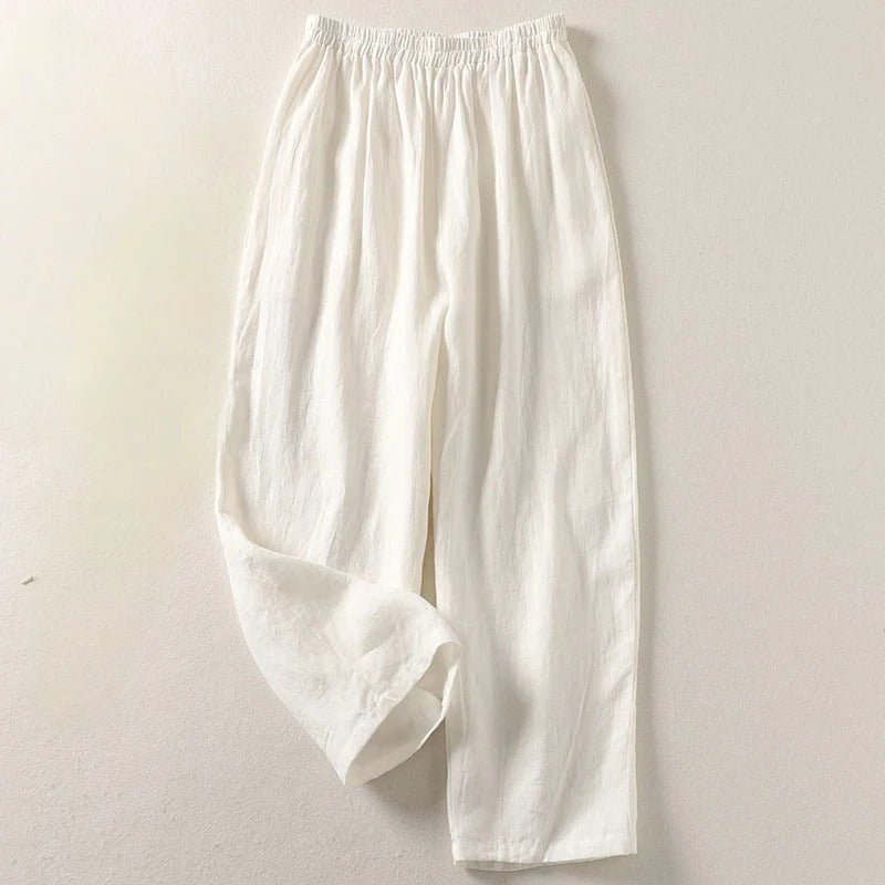Damen Leinen Hose Weiter Schnitt Elastischer Bund - White