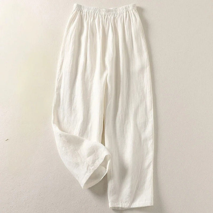 Damen Leinen Hose Weiter Schnitt Elastischer Bund - White