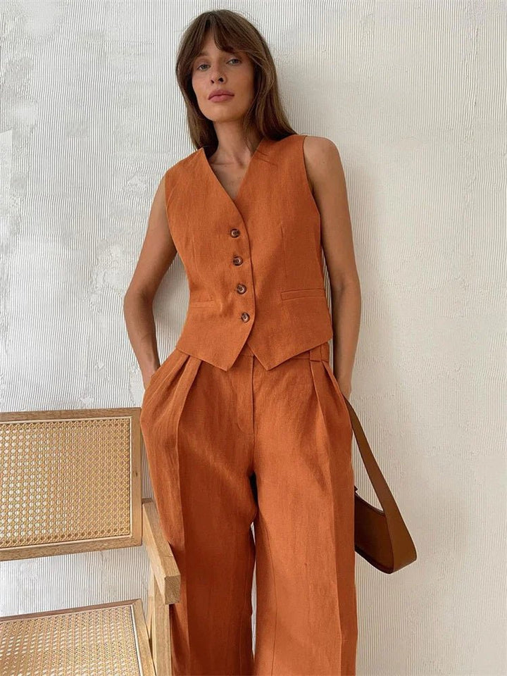 Damen Leinen Hosenanzug Weste mit Plissee-Hose - Orange