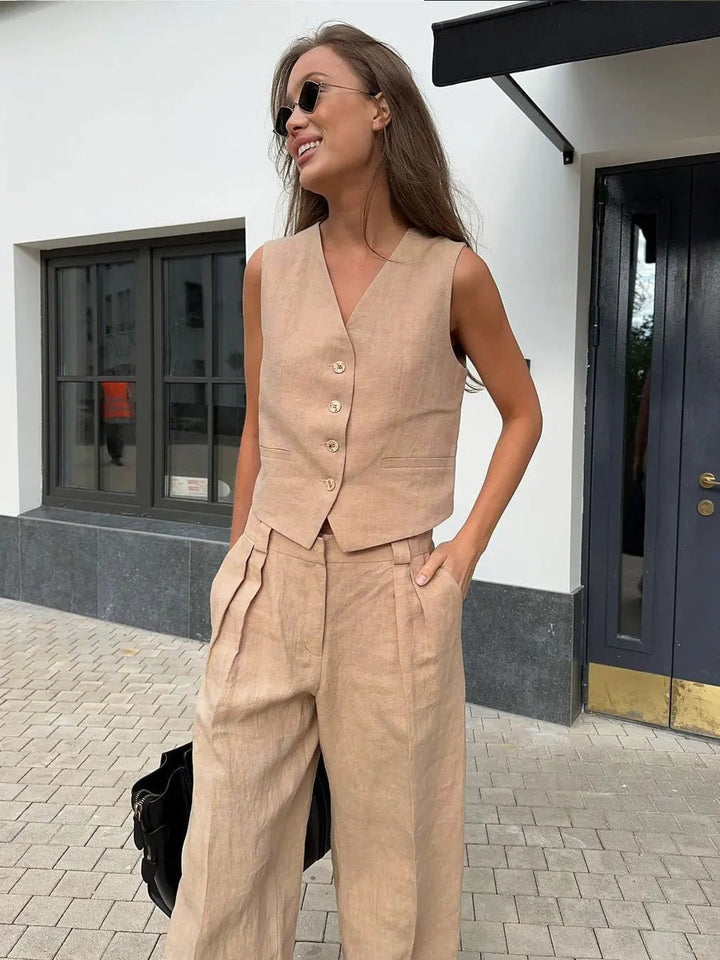 Damen Leinen Hosenanzug Weste mit Plissee-Hose
