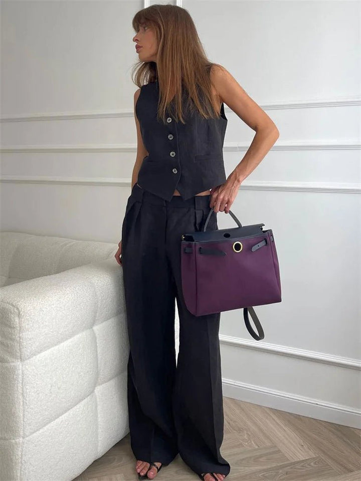 Damen Leinen Hosenanzug Weste mit Plissee-Hose