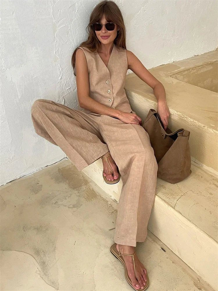 Damen Leinen Hosenanzug Weste mit Plissee-Hose - Beige