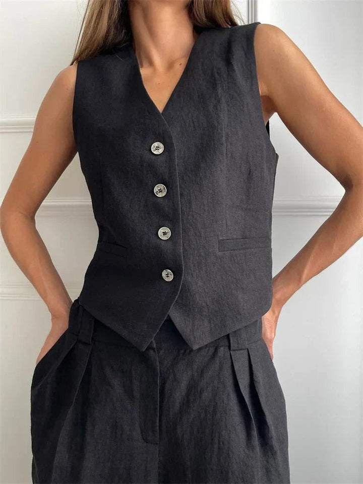 Damen Leinen Hosenanzug Weste mit Plissee-Hose - Black