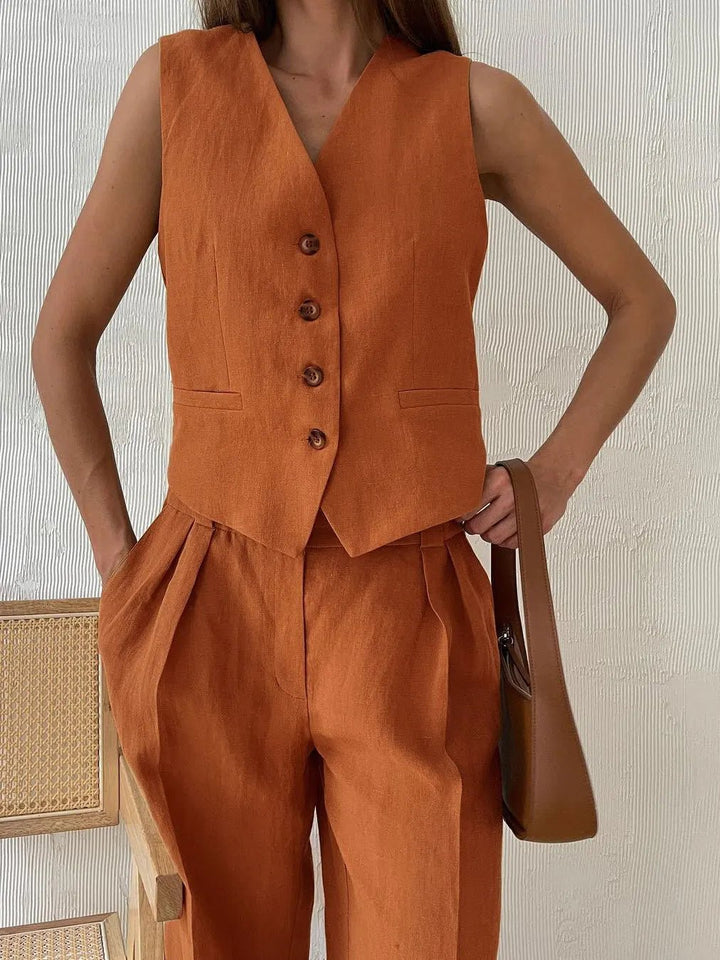 Damen Leinen Hosenanzug Weste mit Plissee-Hose