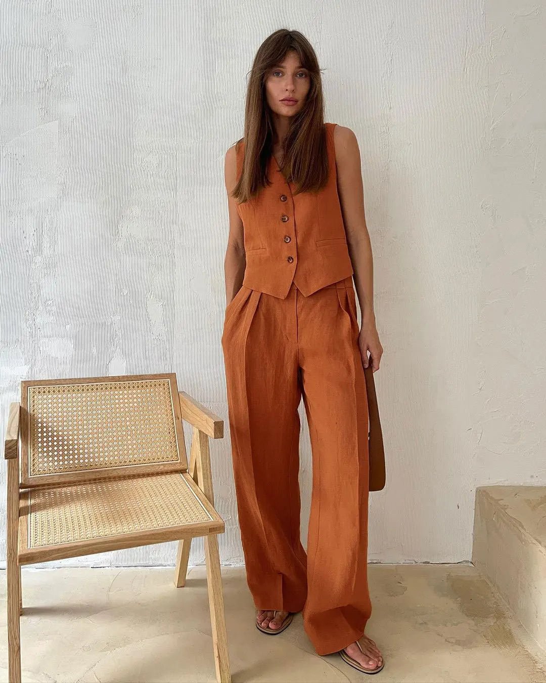 Damen Leinen Hosenanzug Weste mit Plissee-Hose