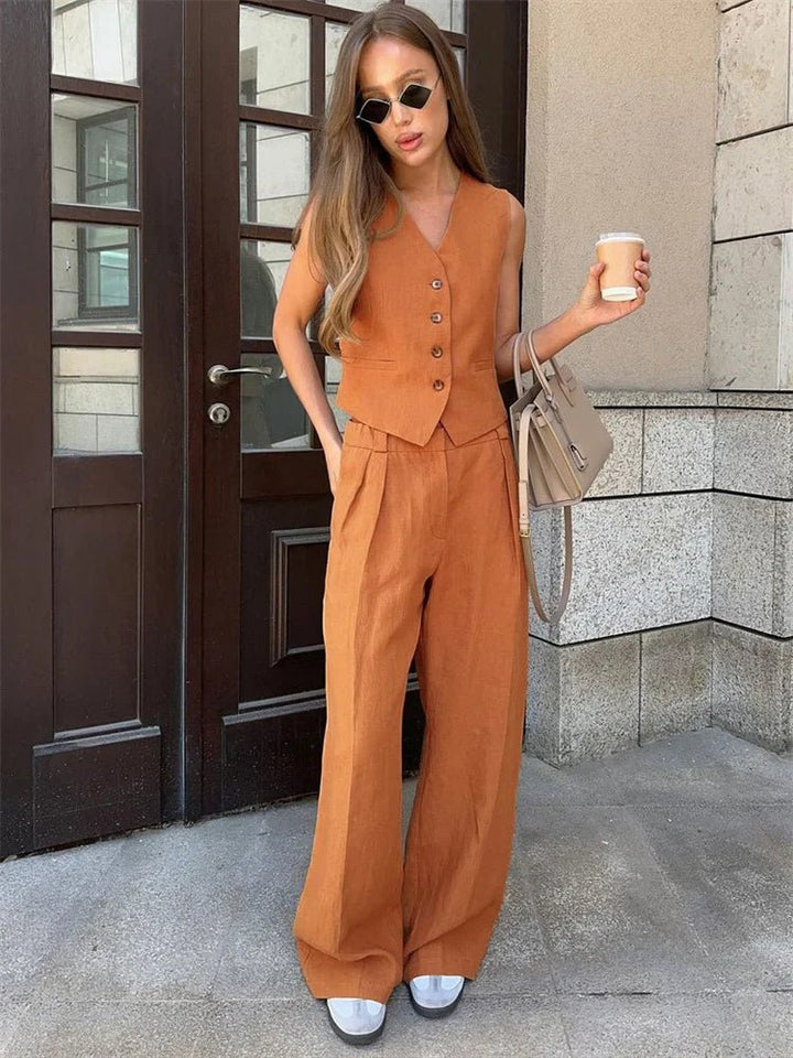 Damen Leinen Hosenanzug Weste mit Plissee-Hose