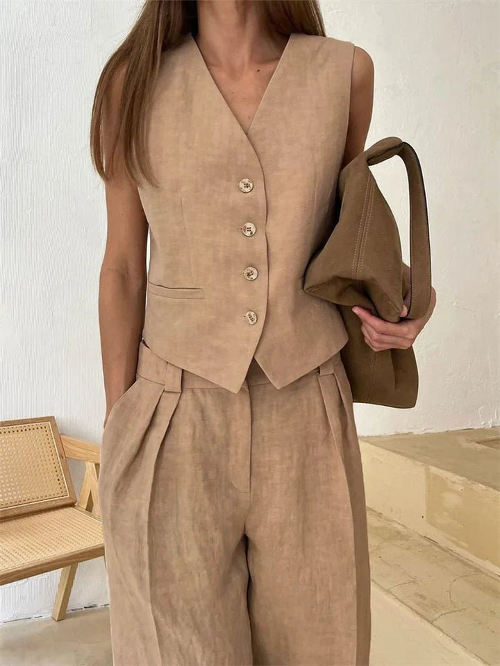 Damen Leinen Hosenanzug Weste mit Plissee-Hose