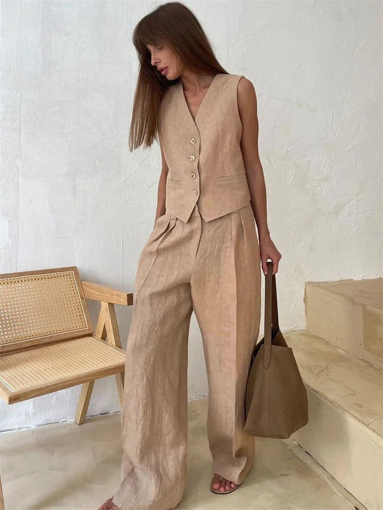 Damen Leinen Hosenanzug Weste mit Plissee-Hose