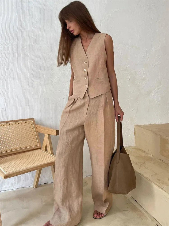Damen Leinen Hosenanzug Weste mit Plissee-Hose