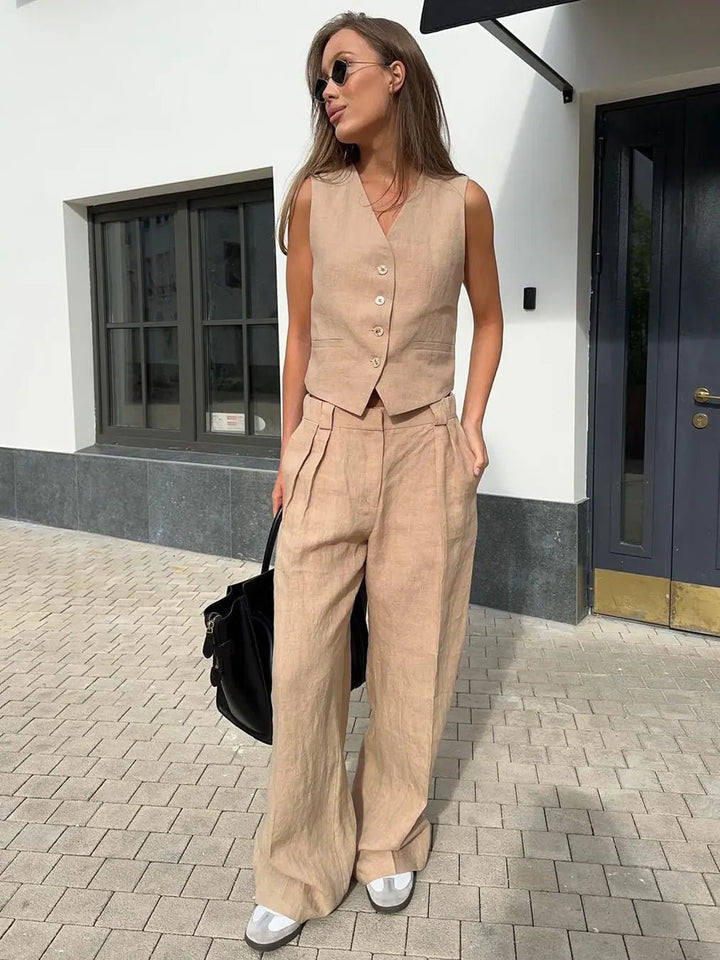 Damen Leinen Hosenanzug Weste mit Plissee-Hose