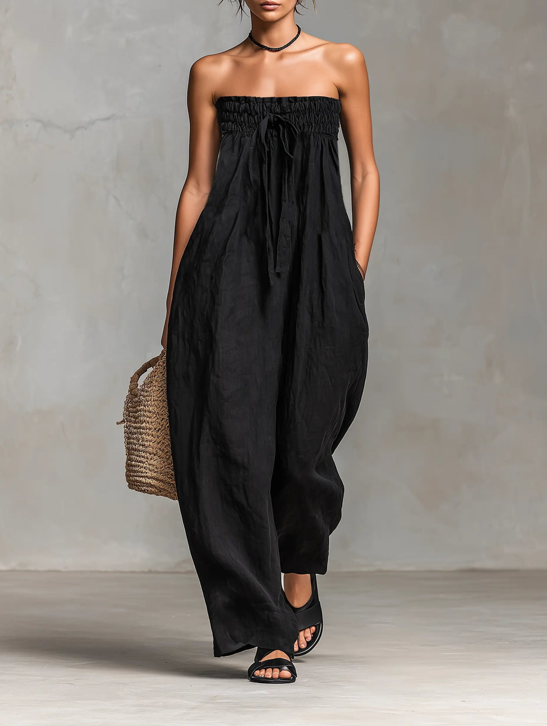 Damen Leinen Jumpsuit Trägerlos Weites Bein - Black
