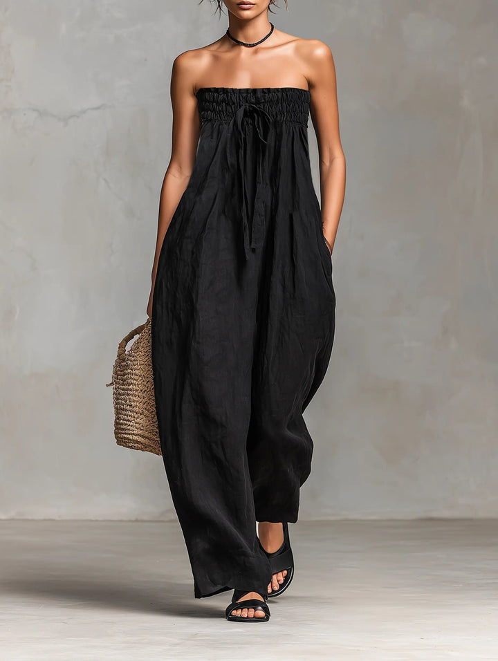 Damen Leinen Jumpsuit Trägerlos Weites Bein - Black
