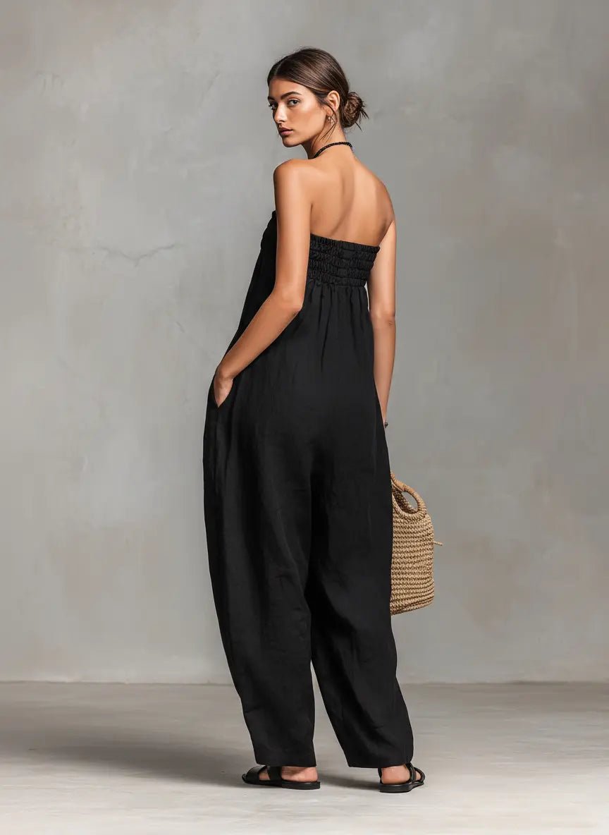 Damen Leinen Jumpsuit Trägerlos Weites Bein