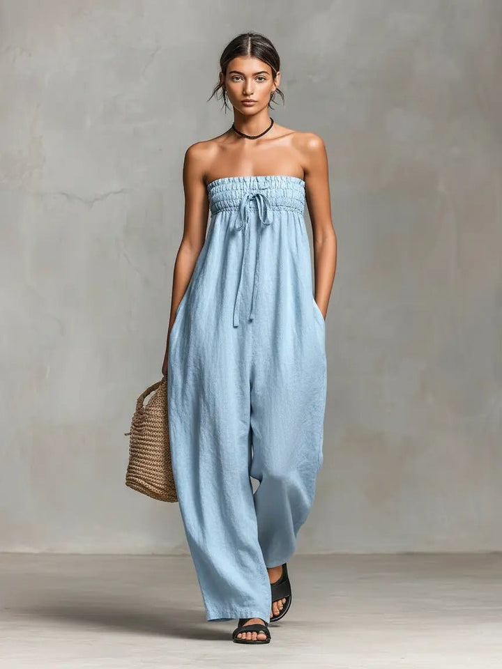 Damen Leinen Jumpsuit Trägerlos Weites Bein - Light Blue