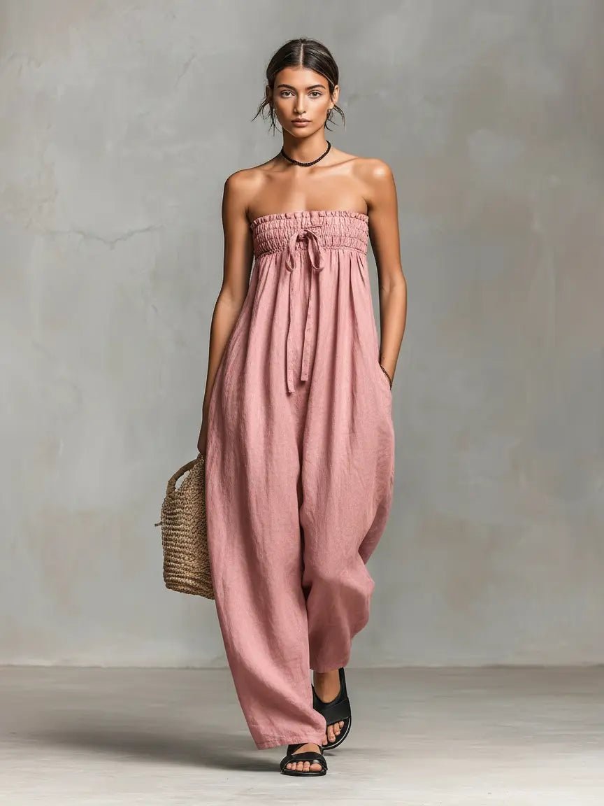 Damen Leinen Jumpsuit Trägerlos Weites Bein - Light Pink